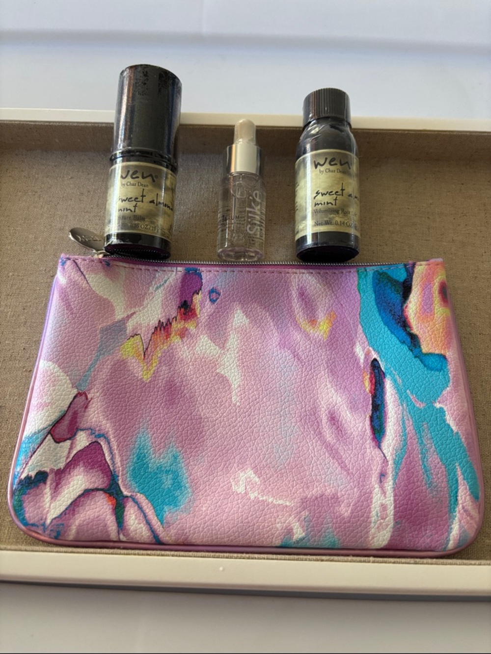 ipsy Pink Marble-Print Cosmetic Pouch & Haircare Samples.